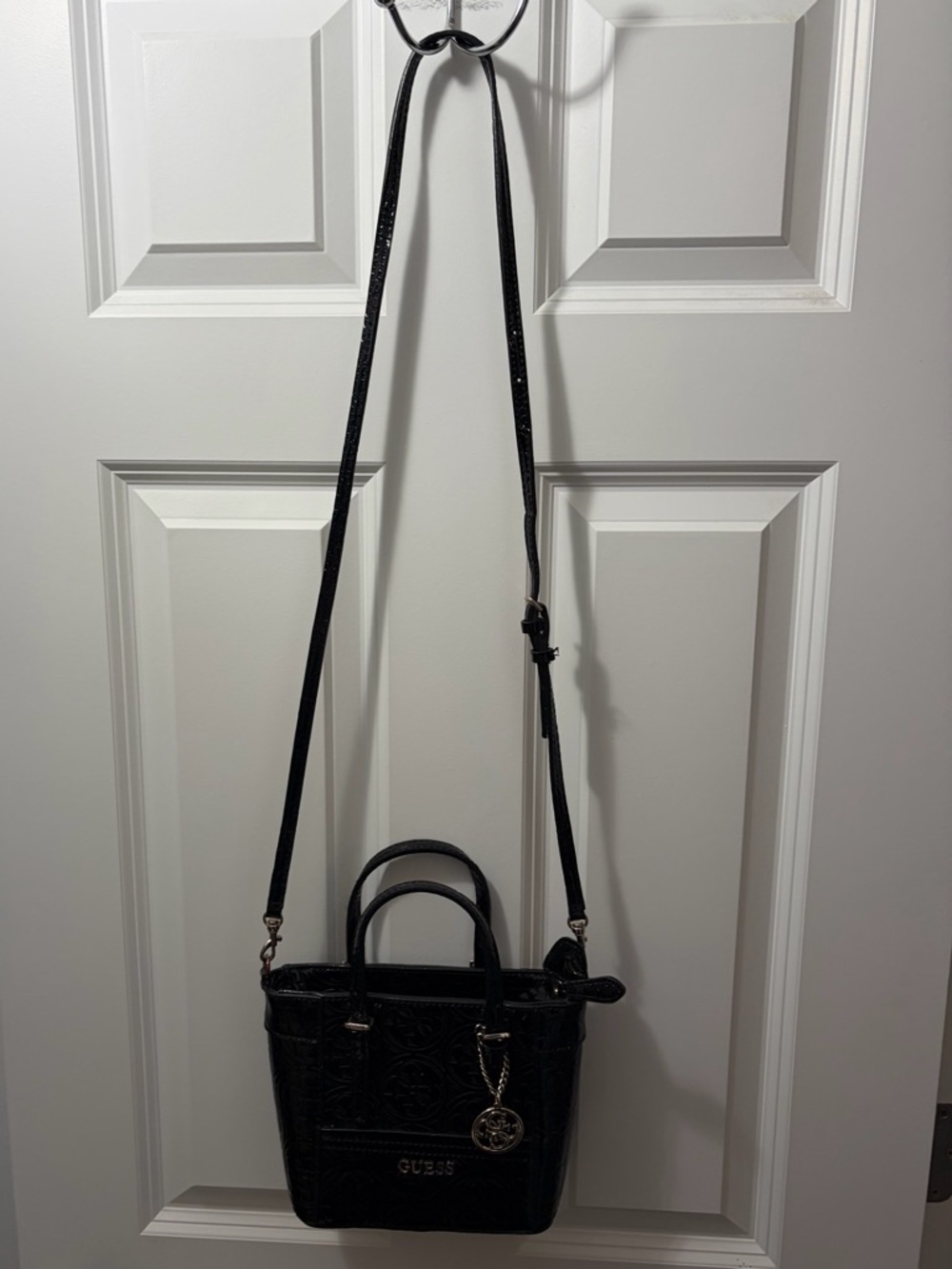 GUESS Black Embossed Patent Leather Satchel with Gold Accents - Picture 6 of 9